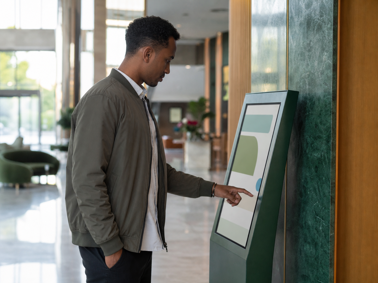 An Ethiopian man using a private digital health screen