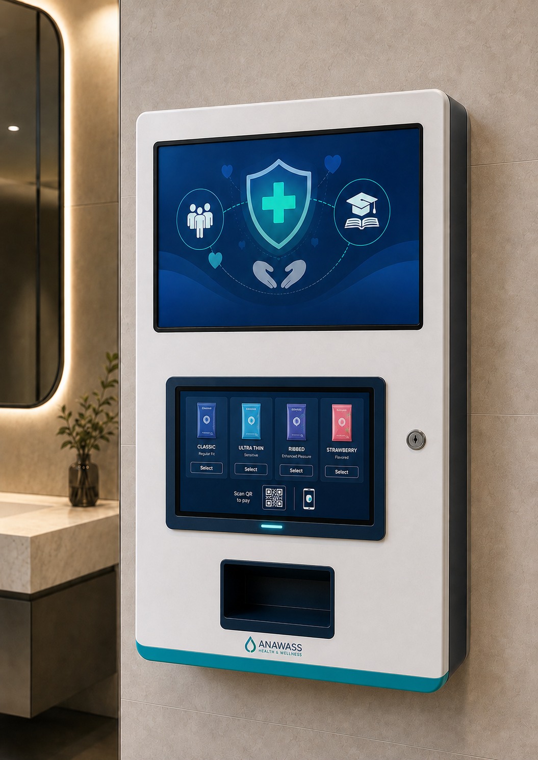 The ANAWASS smart health vending machine in a private indoor location